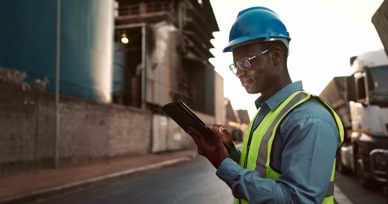 Logistics manager looking at a tablet on an industrial site
