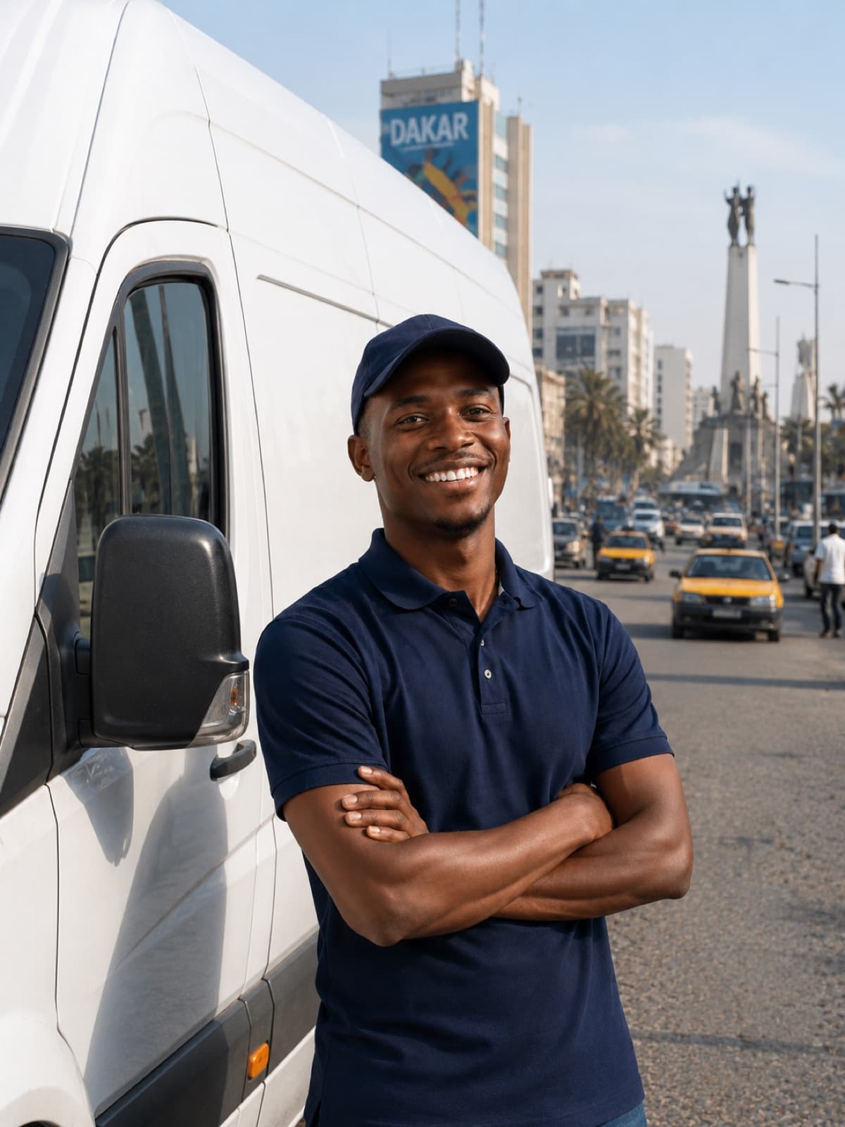 Smiling carrier in front of his van in Dakar