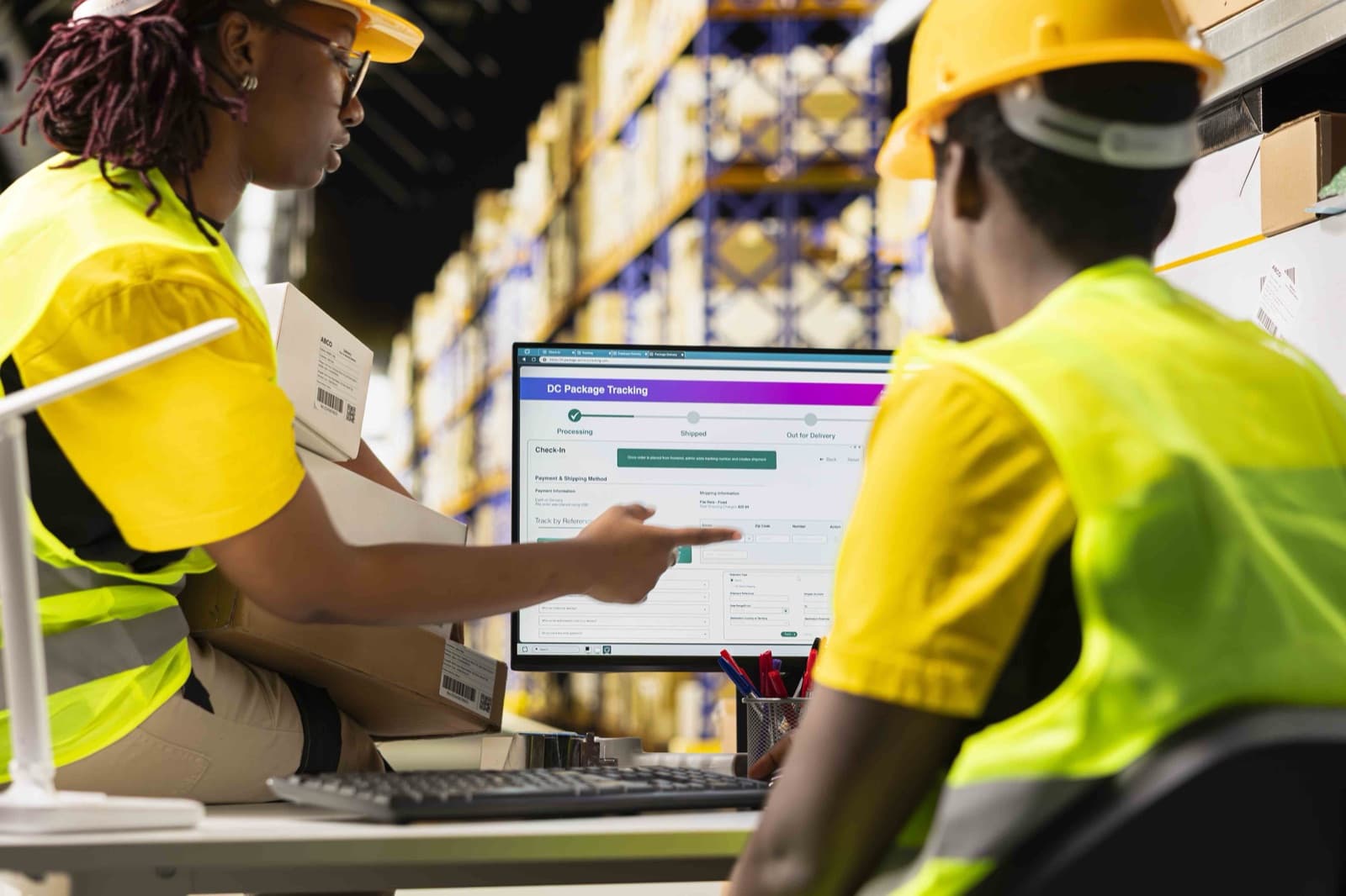 Two order pickers in front of a screen in a warehouse
