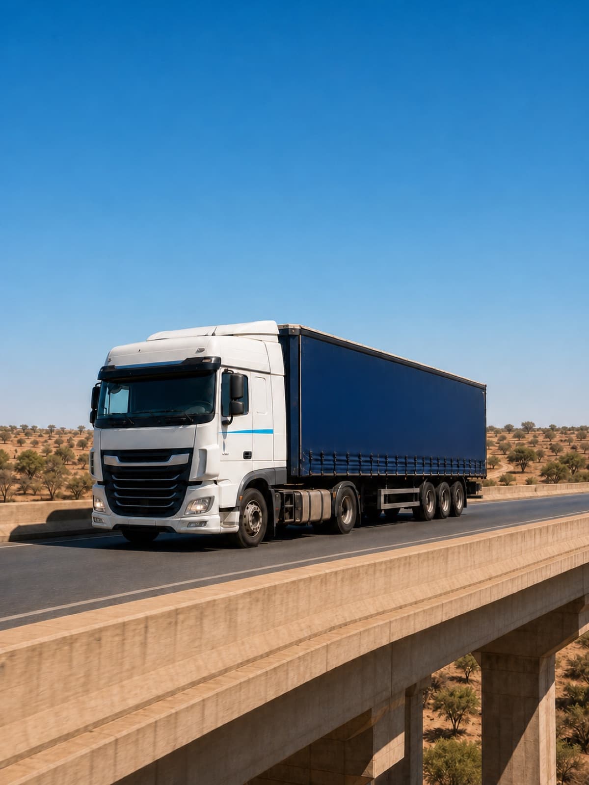 Tarpaulin-covered semi-trailer on a road bridge